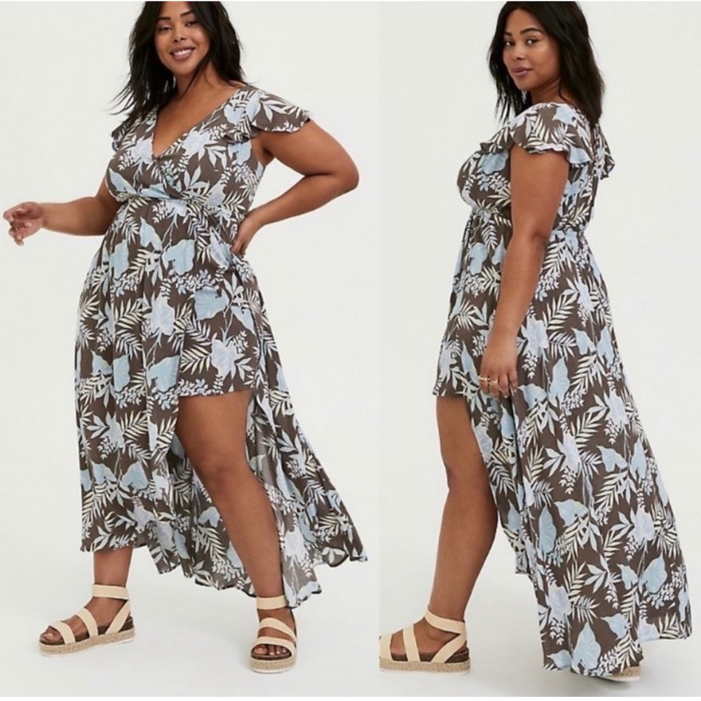Torrid Romper Long Skirt Womens 00 Brown Blue Tropical Floral Boho Maxi